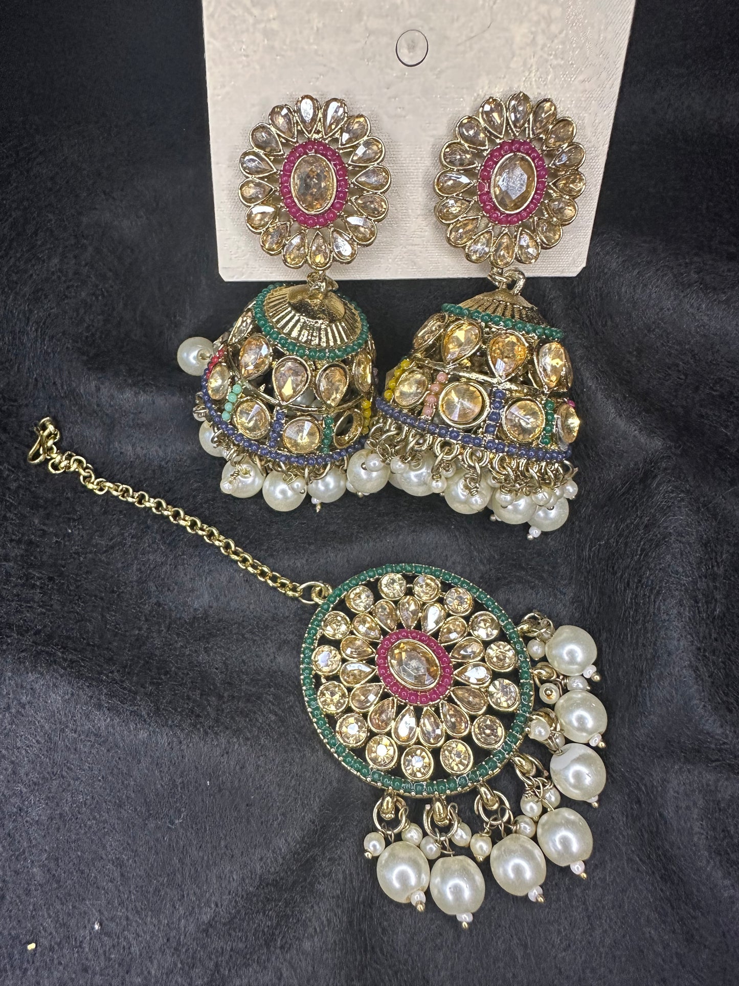 Traditional Jhumka Earrings with Matching Maang Tikka Set
