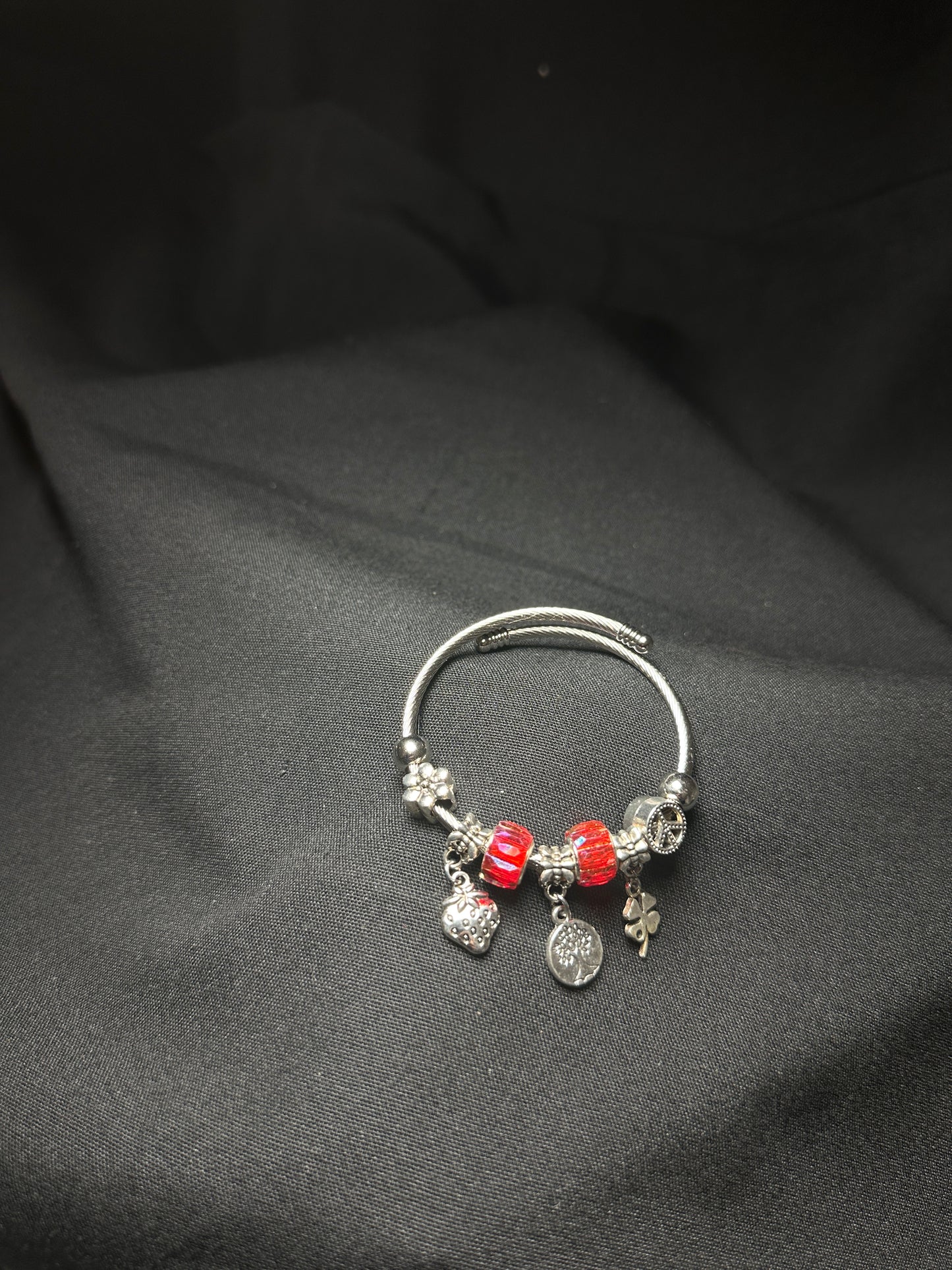 Silver Charm Bracelet with Red Beads