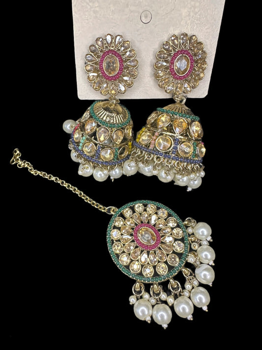 Traditional Jhumka Earrings with Matching Maang Tikka Set