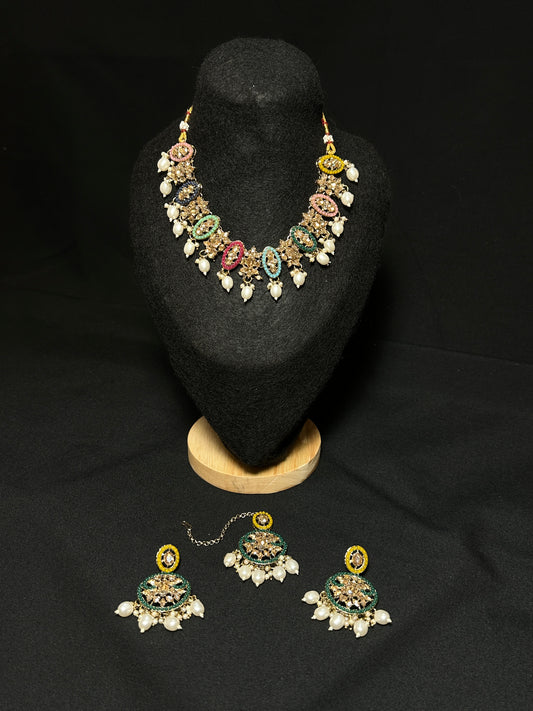 Multicolor Kundan Necklace with Earring and Maang tika Set