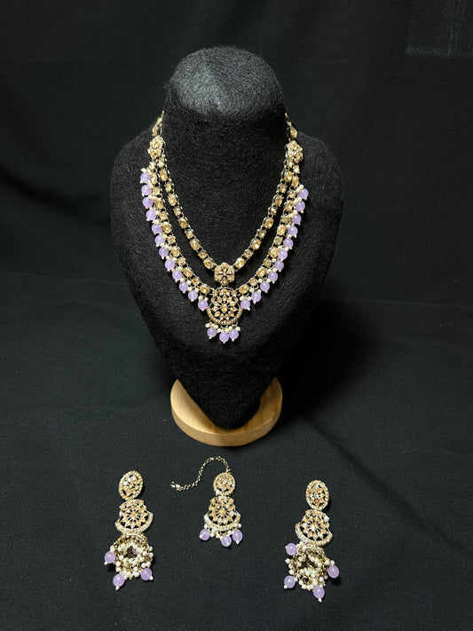 Regal Lavender Crystal Necklace Set with Earrings and Maang Tika