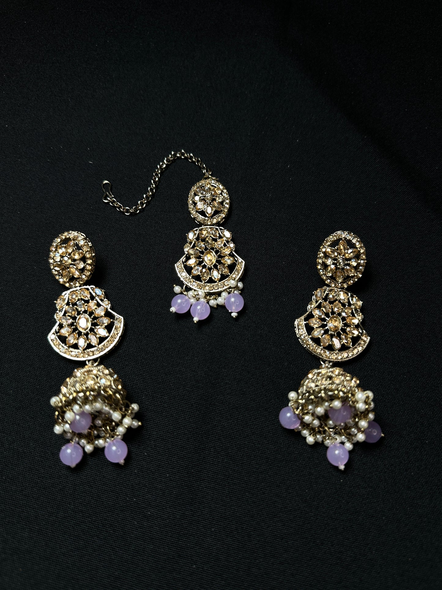 Regal Lavender Crystal Necklace Set with Earrings and Maang Tika