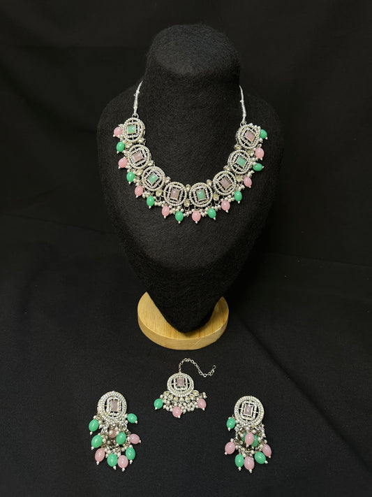 Green and Pink Gemstone Necklace Set