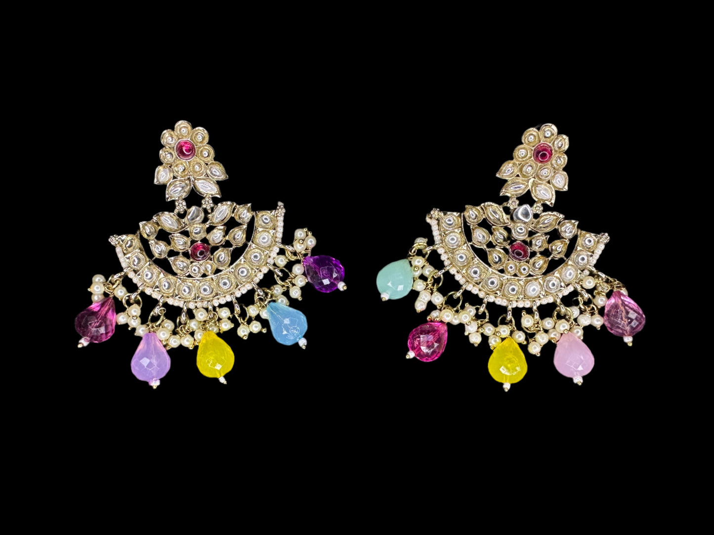 Multi-Color Chandbali Earrings with Pearl and Stone Accents