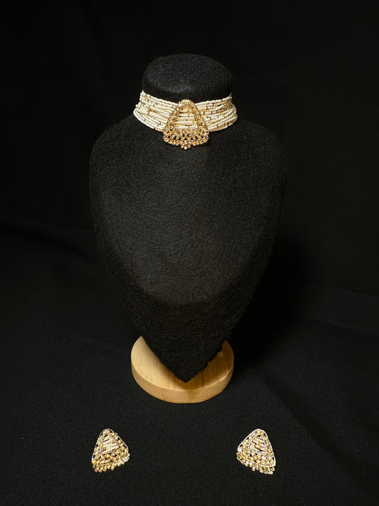 Pearl Choker Necklace with Triangle Motif and Earrings