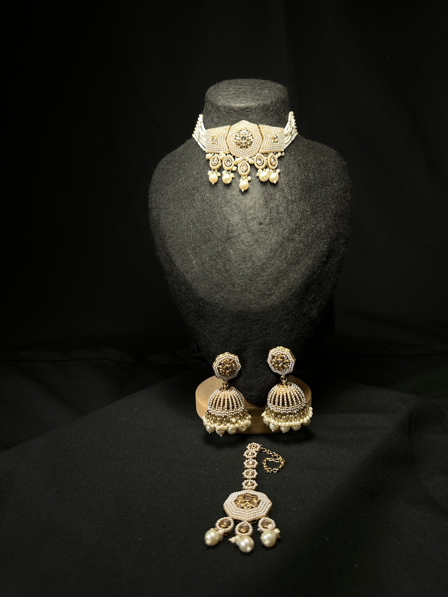 Pearl Drop Choker Set with Jhumka Earrings & Maang Tikka